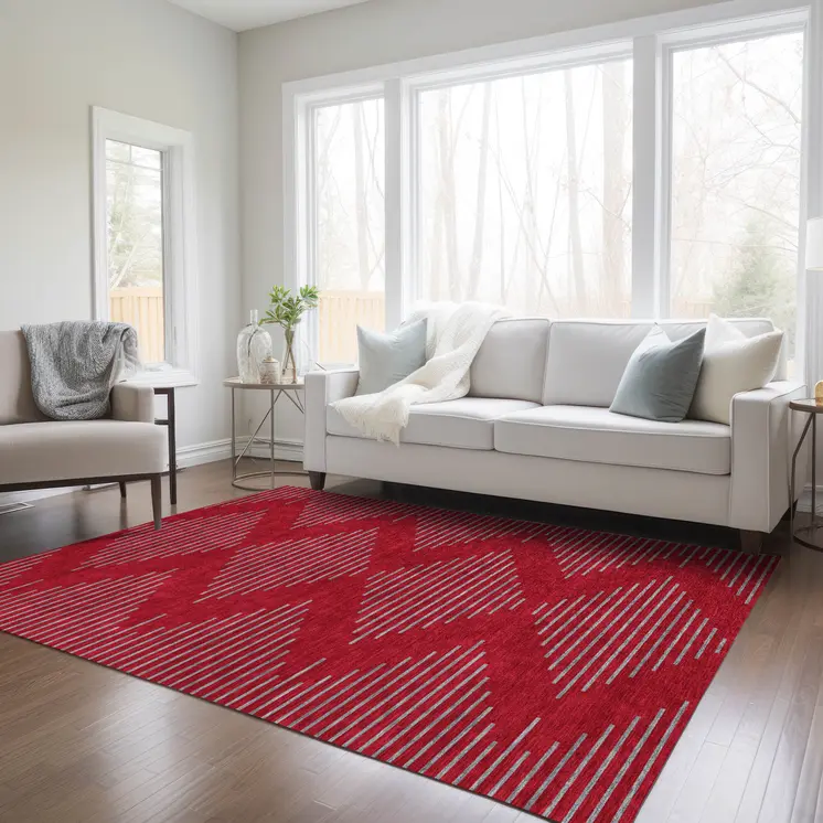 3' X 5' Red And Gray Geometric Washable Indoor Outdoor Area Rug