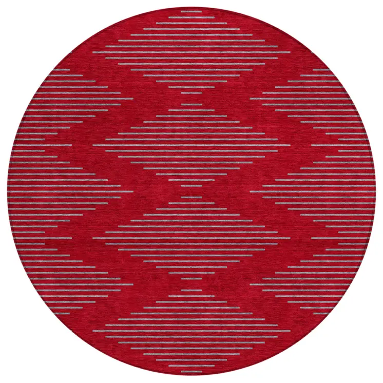 8' Red And Gray Round Geometric Washable Indoor Outdoor Area Rug