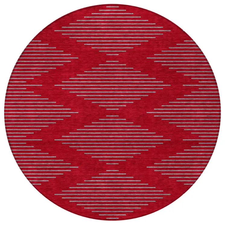 8' Red And Gray Round Geometric Washable Indoor Outdoor Area Rug