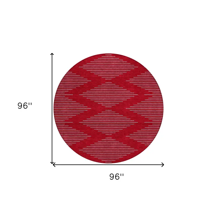8' Red And Gray Round Geometric Washable Indoor Outdoor Area Rug