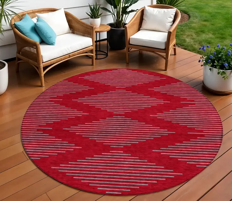 8' Red And Gray Round Geometric Washable Indoor Outdoor Area Rug