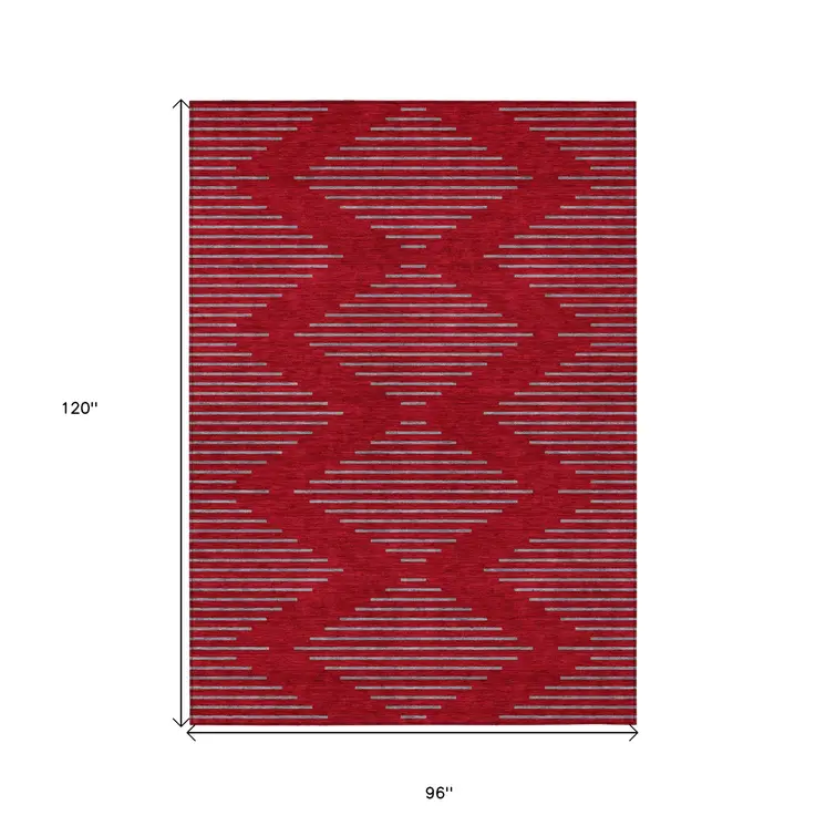 8' X 10' Red And Gray Geometric Washable Indoor Outdoor Area Rug
