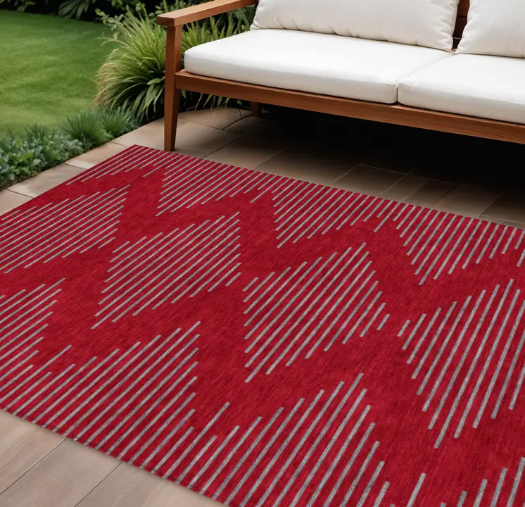 8' X 10' Red And Gray Geometric Washable Indoor Outdoor Area Rug