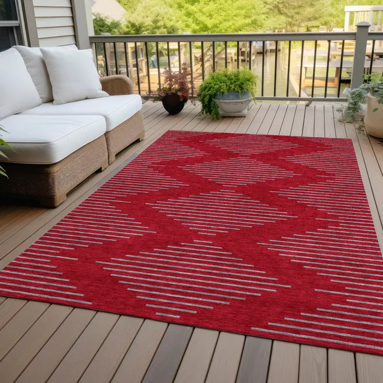 8' X 10' Red And Gray Geometric Washable Indoor Outdoor Area Rug