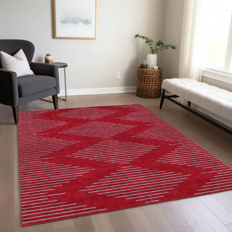 8' X 10' Red And Gray Geometric Washable Indoor Outdoor Area Rug