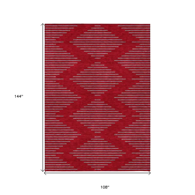 9' X 12' Red And Gray Geometric Washable Indoor Outdoor Area Rug