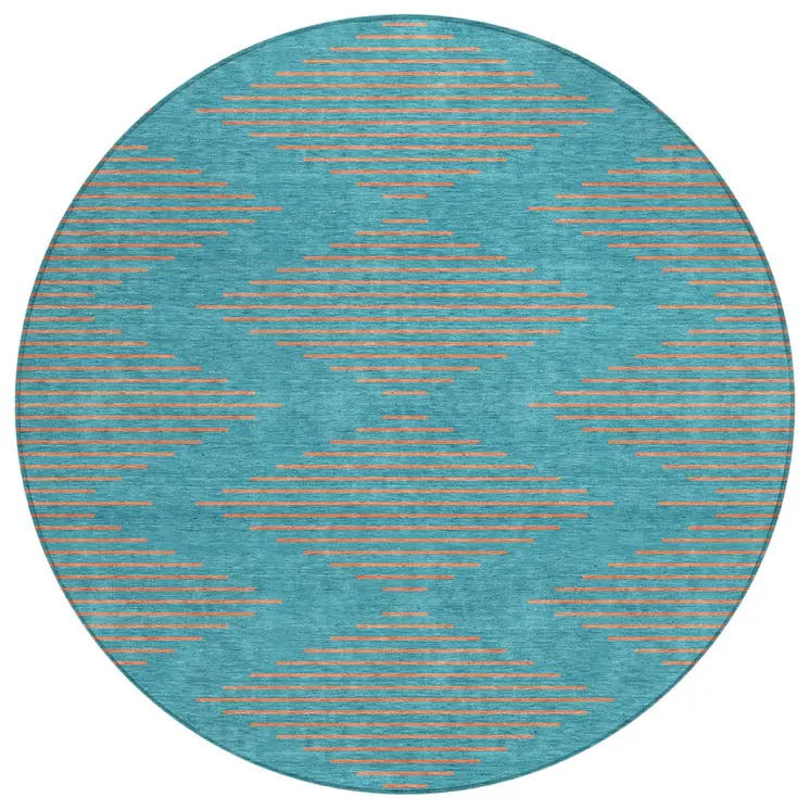 8' Teal Blue And Pink Round Geometric Washable Indoor Outdoor Area Rug