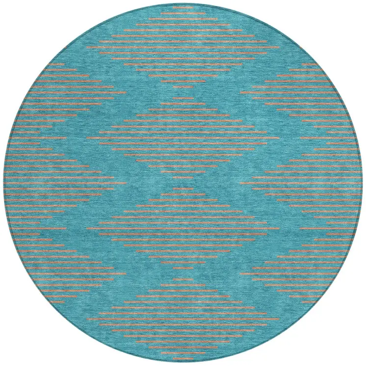 8' Teal Blue And Pink Round Geometric Washable Indoor Outdoor Area Rug