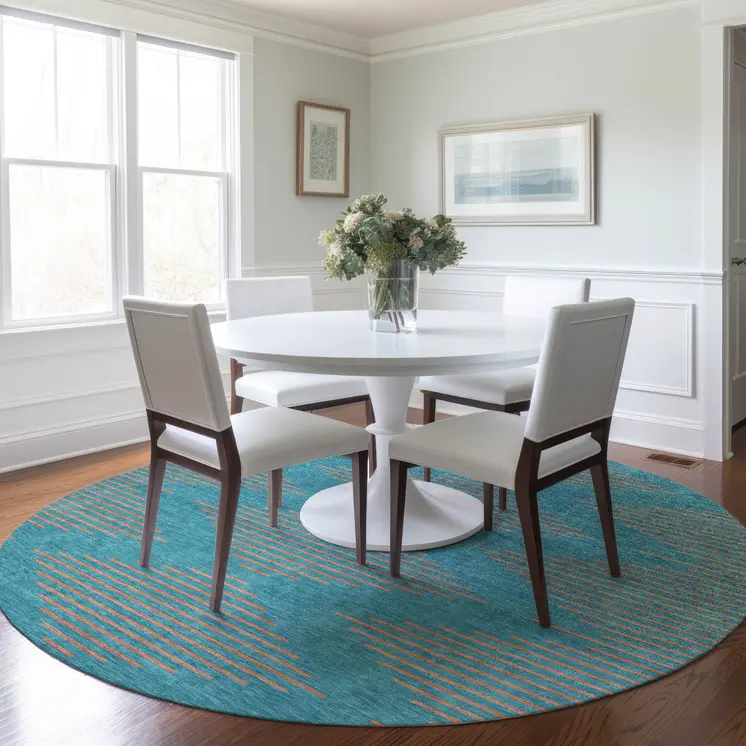 8' Teal Blue And Pink Round Geometric Washable Indoor Outdoor Area Rug