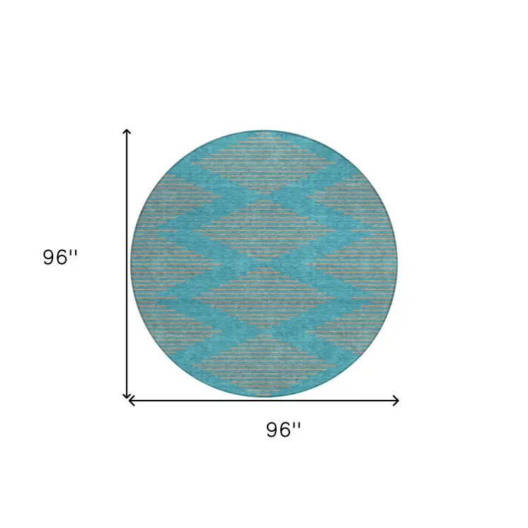 8' Teal Blue And Pink Round Geometric Washable Indoor Outdoor Area Rug