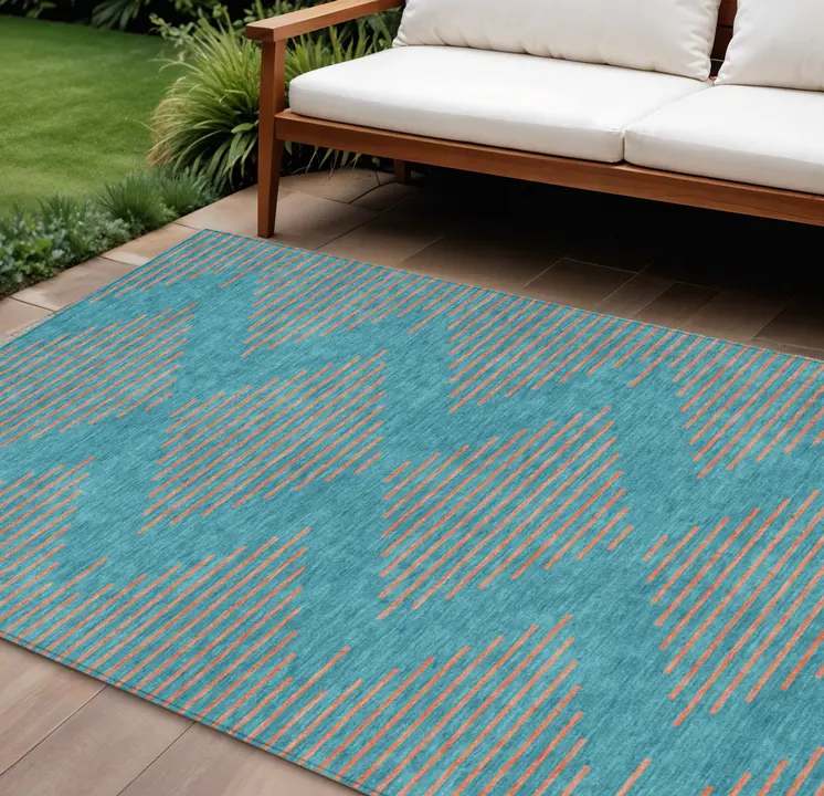 8' X 10' Teal Blue And Pink Geometric Washable Indoor Outdoor Area Rug