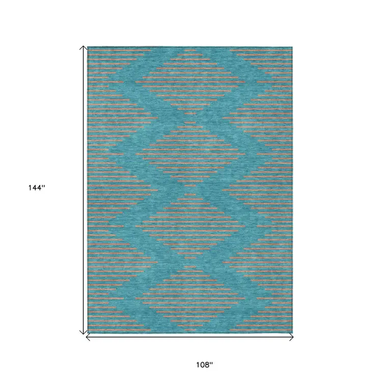 9' X 12' Teal Blue And Pink Geometric Washable Indoor Outdoor Area Rug