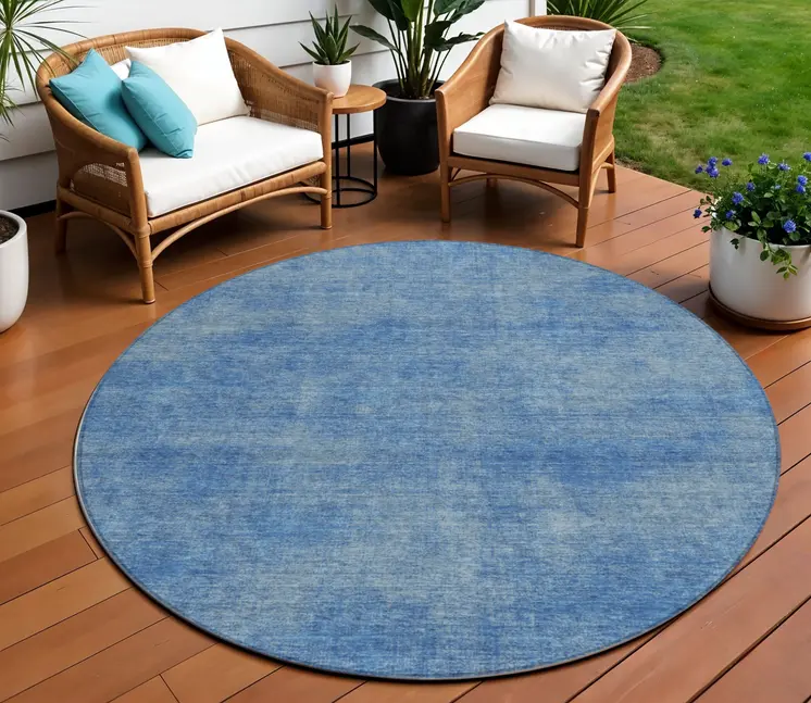 8' Blue Round Washable Indoor Outdoor Area Rug