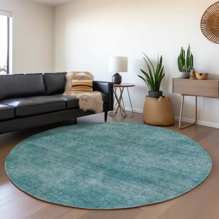 8' Teal Blue Round Washable Indoor Outdoor Area Rug