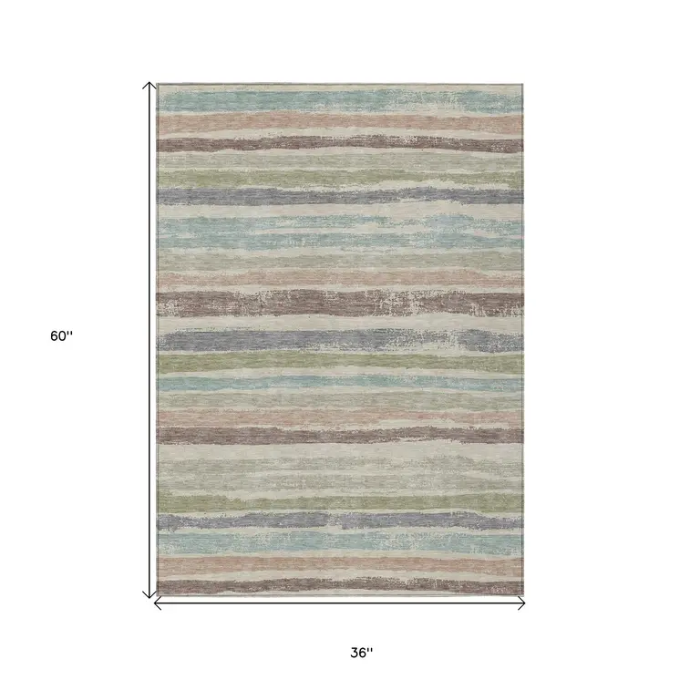 3' X 5' Beige Brown And Gray Striped Washable Indoor Outdoor Area Rug