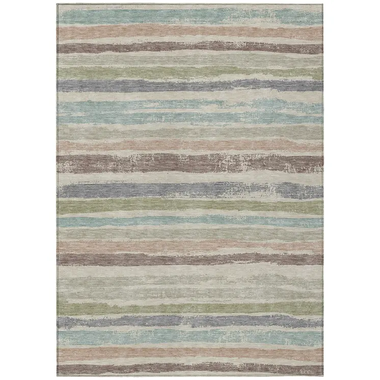 3' X 5' Beige Brown And Gray Striped Washable Indoor Outdoor Area Rug