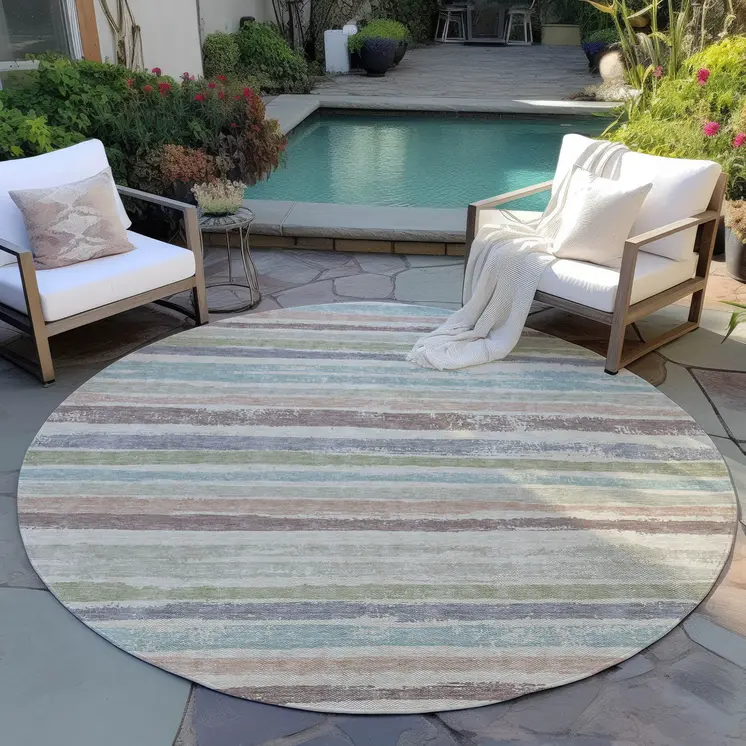 8' Beige Brown And Gray Round Striped Washable Indoor Outdoor Area Rug