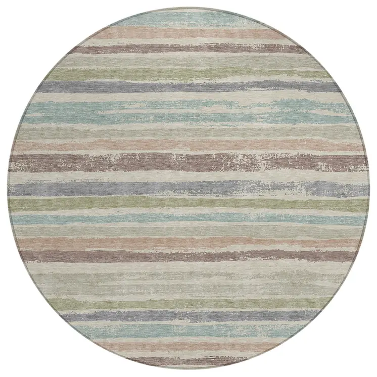 8' Beige Brown And Gray Round Striped Washable Indoor Outdoor Area Rug