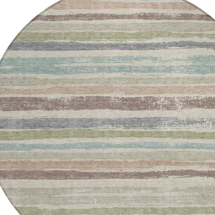 8' Beige Brown And Gray Round Striped Washable Indoor Outdoor Area Rug