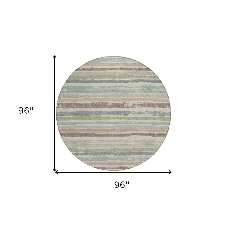 8' Beige Brown And Gray Round Striped Washable Indoor Outdoor Area Rug