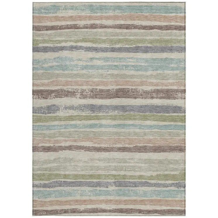 9' X 12' Beige Brown And Gray Striped Washable Indoor Outdoor Area Rug