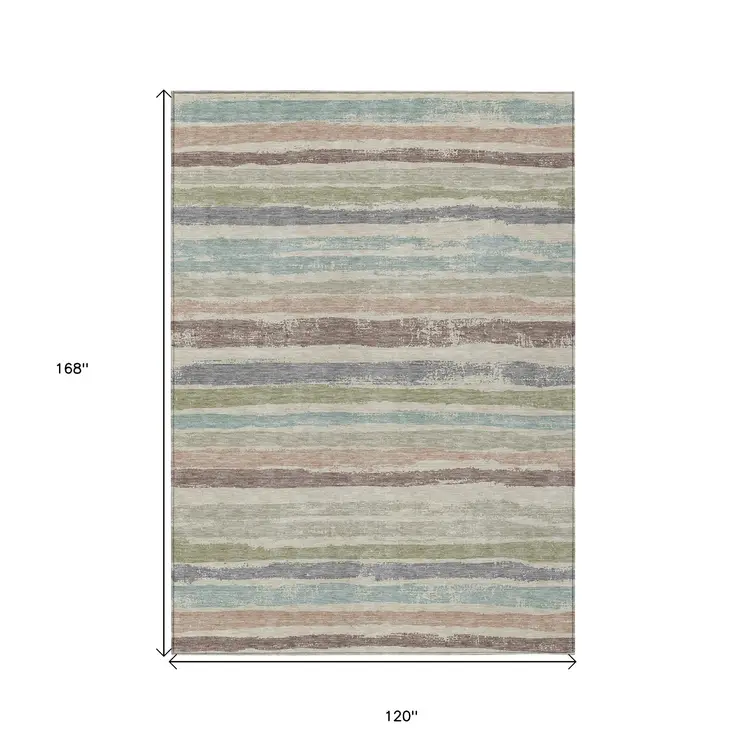 10' X 14' Beige Brown And Gray Striped Washable Indoor Outdoor Area Rug