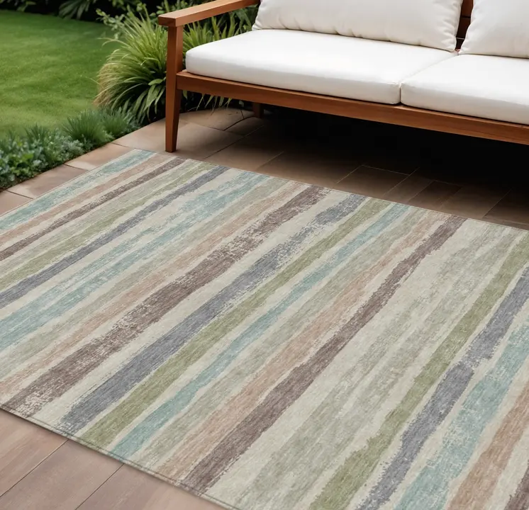 10' X 14' Beige Brown And Gray Striped Washable Indoor Outdoor Area Rug