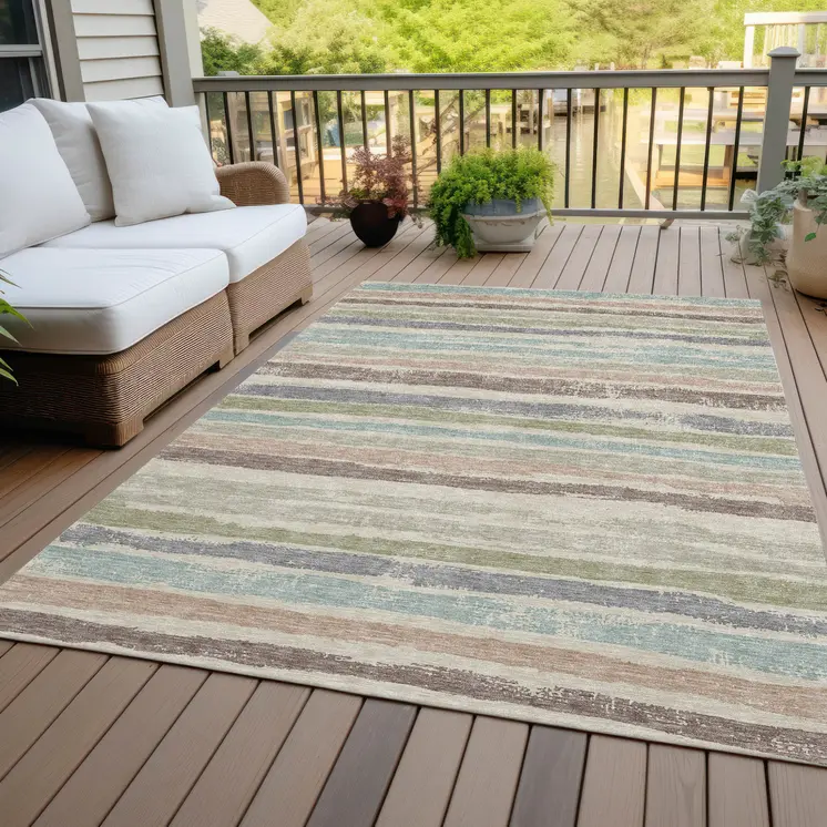 10' X 14' Beige Brown And Gray Striped Washable Indoor Outdoor Area Rug