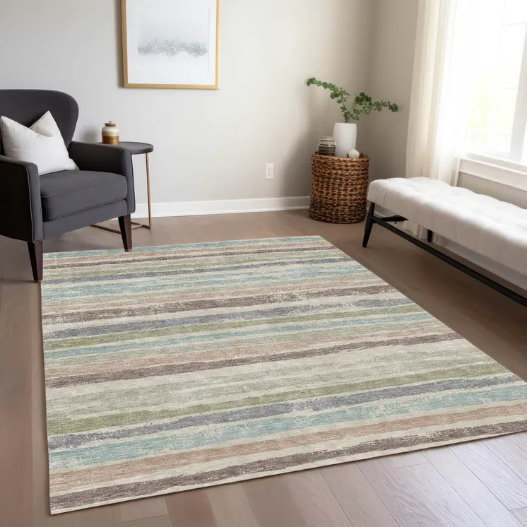 10' X 14' Beige Brown And Gray Striped Washable Indoor Outdoor Area Rug