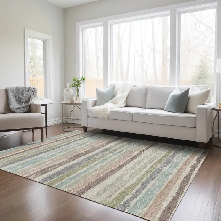 10' X 14' Beige Brown And Gray Striped Washable Indoor Outdoor Area Rug