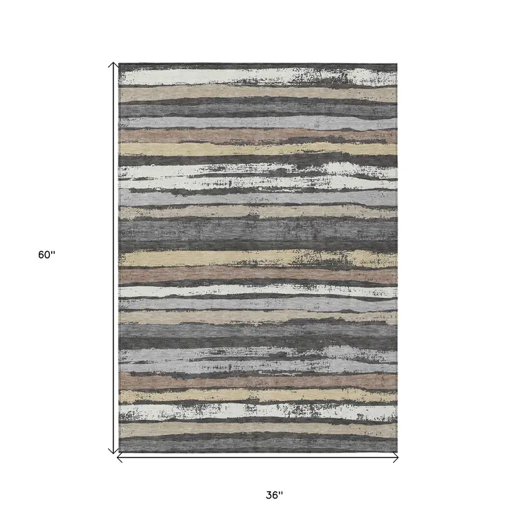 3' X 5' Charcoal Beige And Brown Striped Washable Indoor Outdoor Area Rug