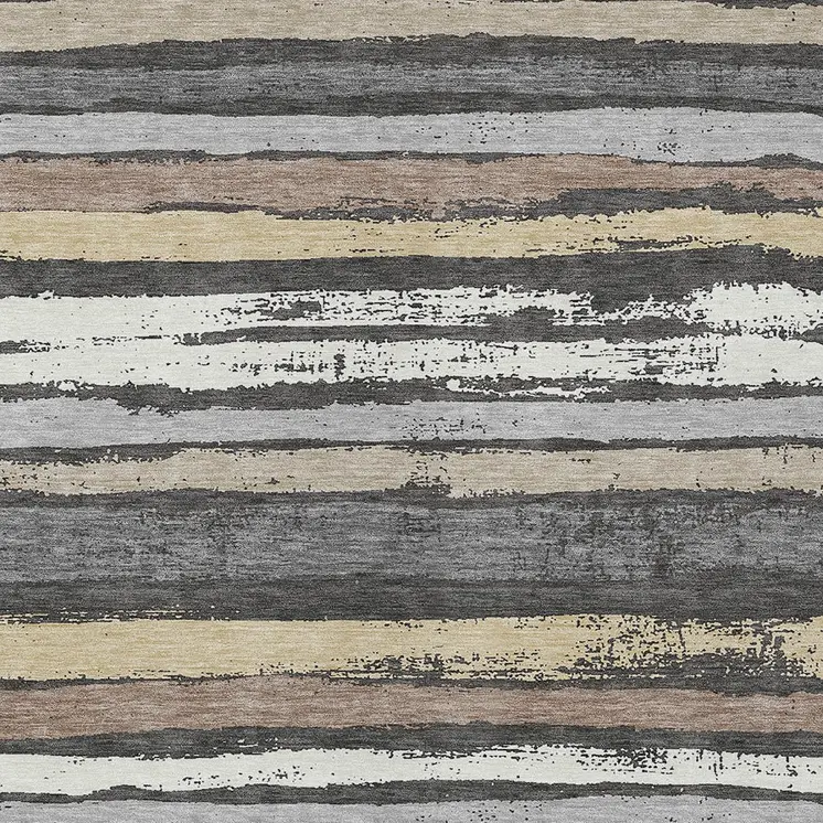 3' X 5' Charcoal Beige And Brown Striped Washable Indoor Outdoor Area Rug