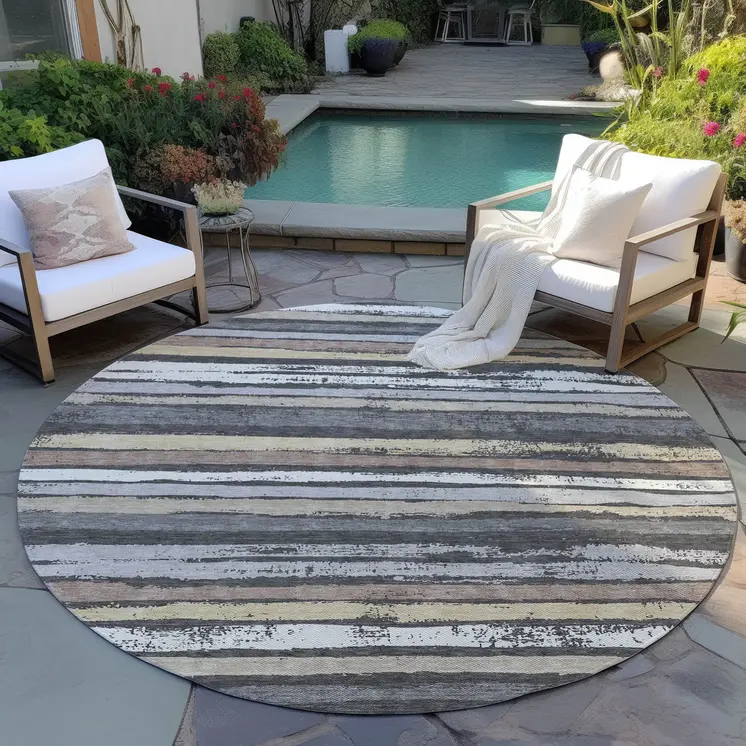 8' Charcoal Beige And Brown Round Striped Washable Indoor Outdoor Area Rug