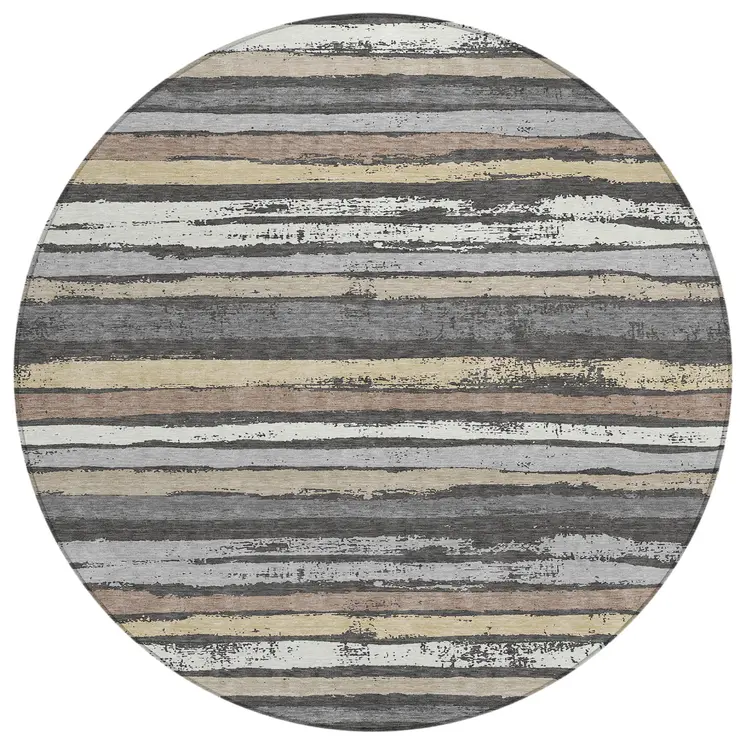 8' Charcoal Beige And Brown Round Striped Washable Indoor Outdoor Area Rug