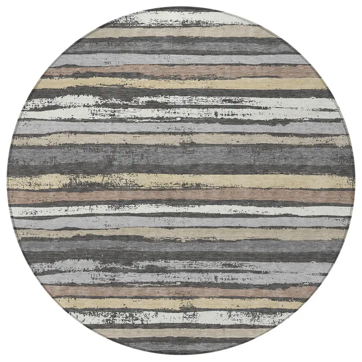 8' Charcoal Beige And Brown Round Striped Washable Indoor Outdoor Area Rug