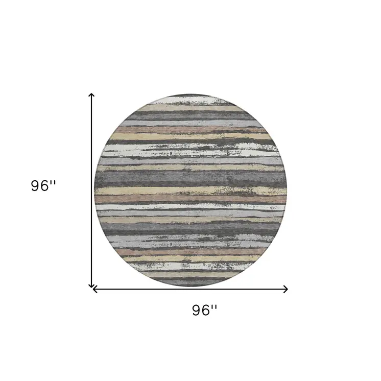 8' Charcoal Beige And Brown Round Striped Washable Indoor Outdoor Area Rug