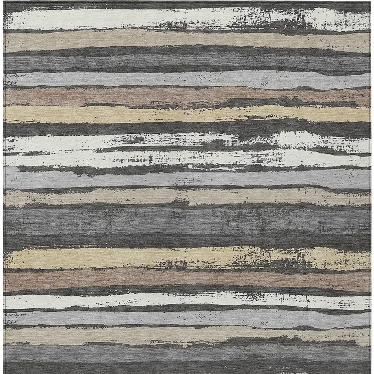 8' X 10' Charcoal Beige And Brown Striped Washable Indoor Outdoor Area Rug