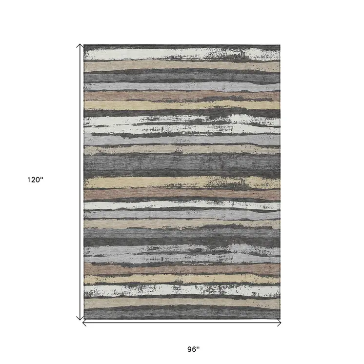 8' X 10' Charcoal Beige And Brown Striped Washable Indoor Outdoor Area Rug