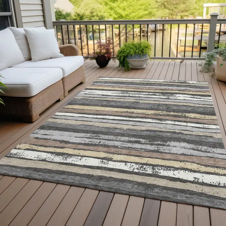 8' X 10' Charcoal Beige And Brown Striped Washable Indoor Outdoor Area Rug