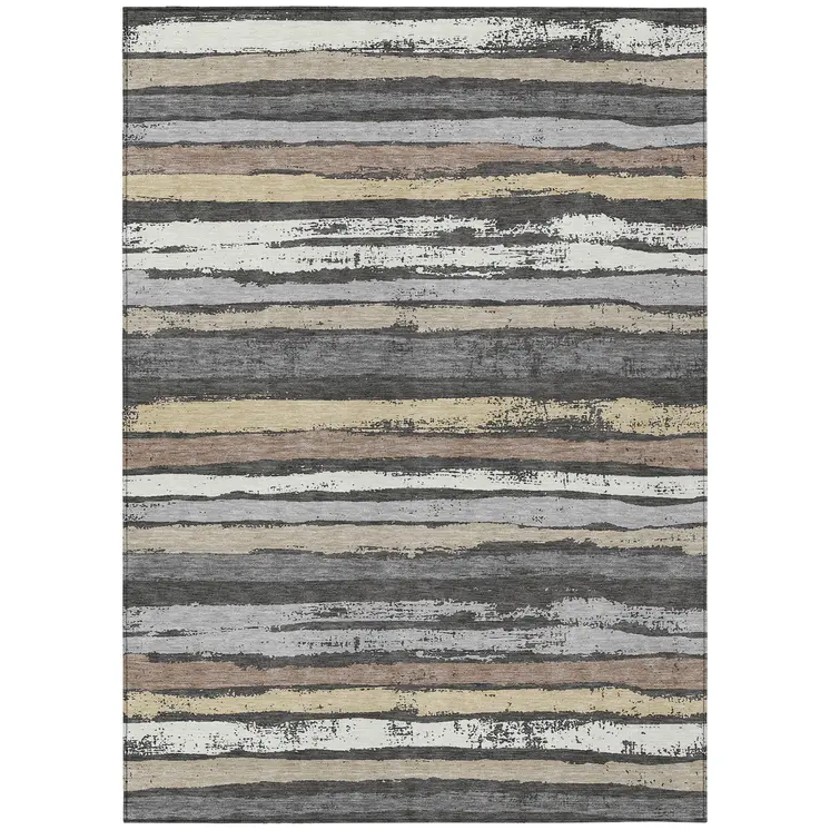 8' X 10' Charcoal Beige And Brown Striped Washable Indoor Outdoor Area Rug