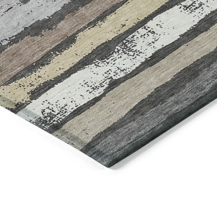 8' X 10' Charcoal Beige And Brown Striped Washable Indoor Outdoor Area Rug
