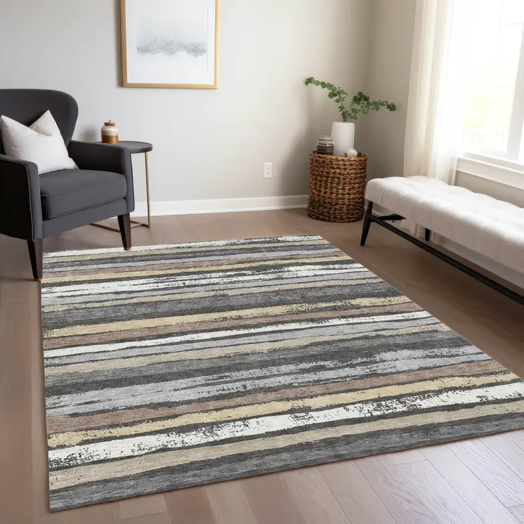 8' X 10' Charcoal Beige And Brown Striped Washable Indoor Outdoor Area Rug