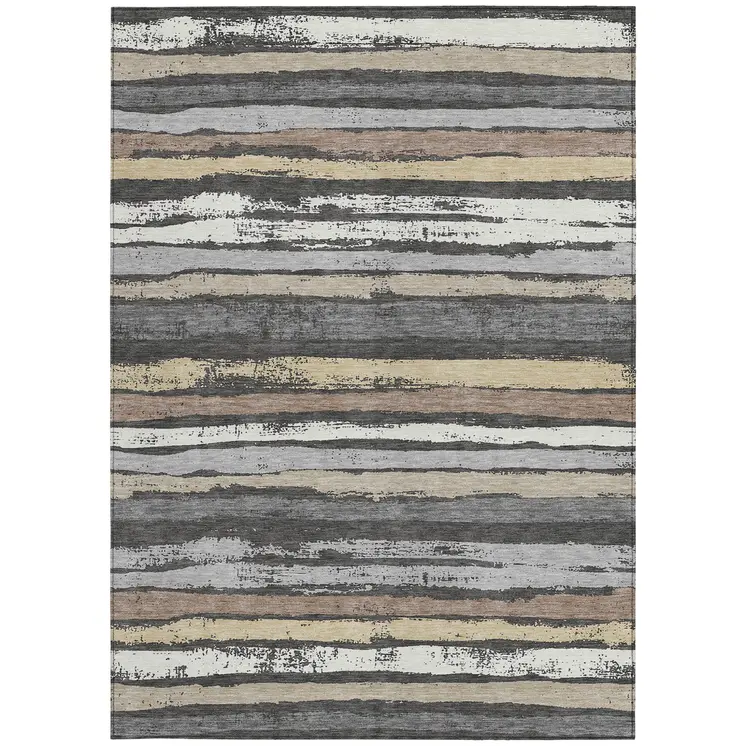 10' X 14' Charcoal Beige And Brown Striped Washable Indoor Outdoor Area Rug