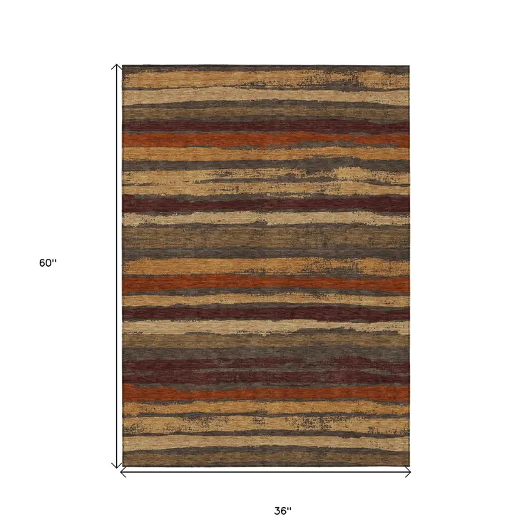 3' X 5' Chocolate Beige And Copper Striped Washable Indoor Outdoor Area Rug