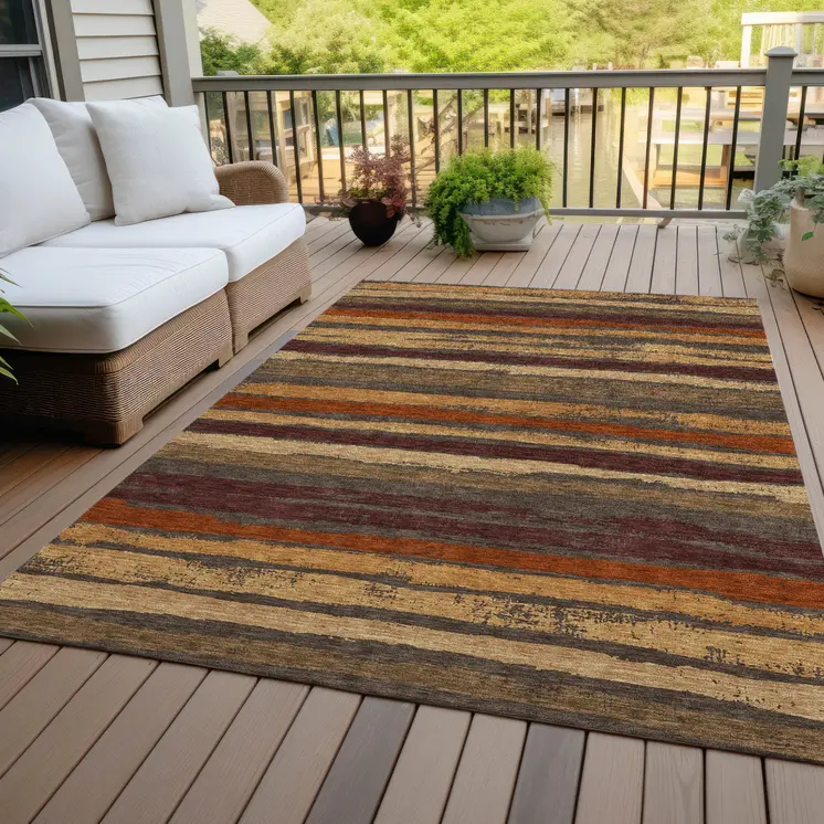 3' X 5' Chocolate Beige And Copper Striped Washable Indoor Outdoor Area Rug