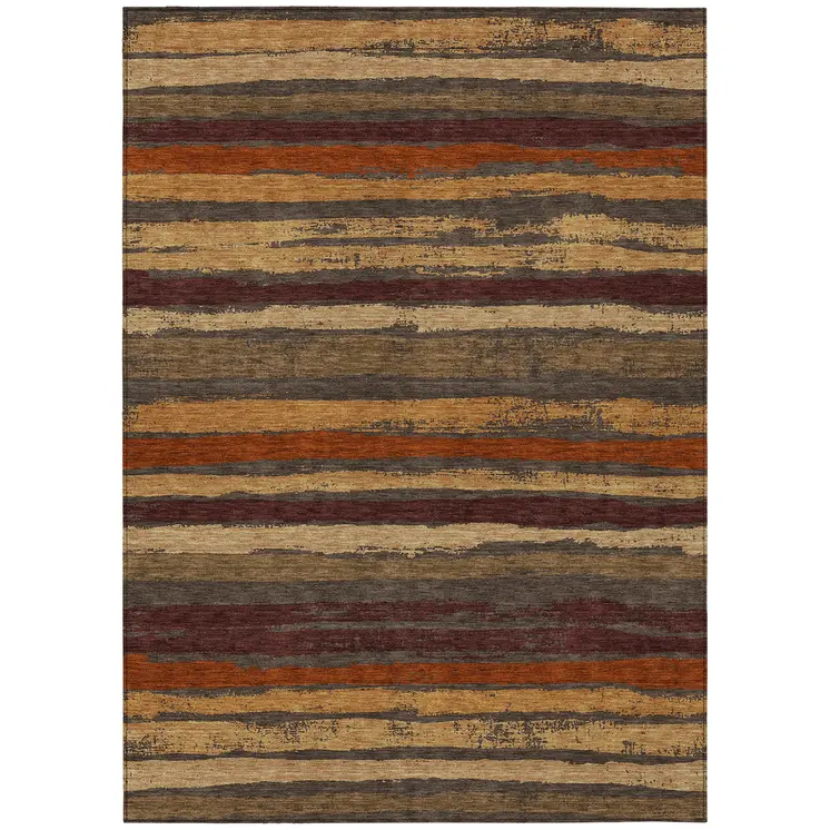 3' X 5' Chocolate Beige And Copper Striped Washable Indoor Outdoor Area Rug