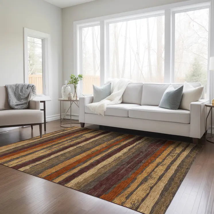 3' X 5' Chocolate Beige And Copper Striped Washable Indoor Outdoor Area Rug