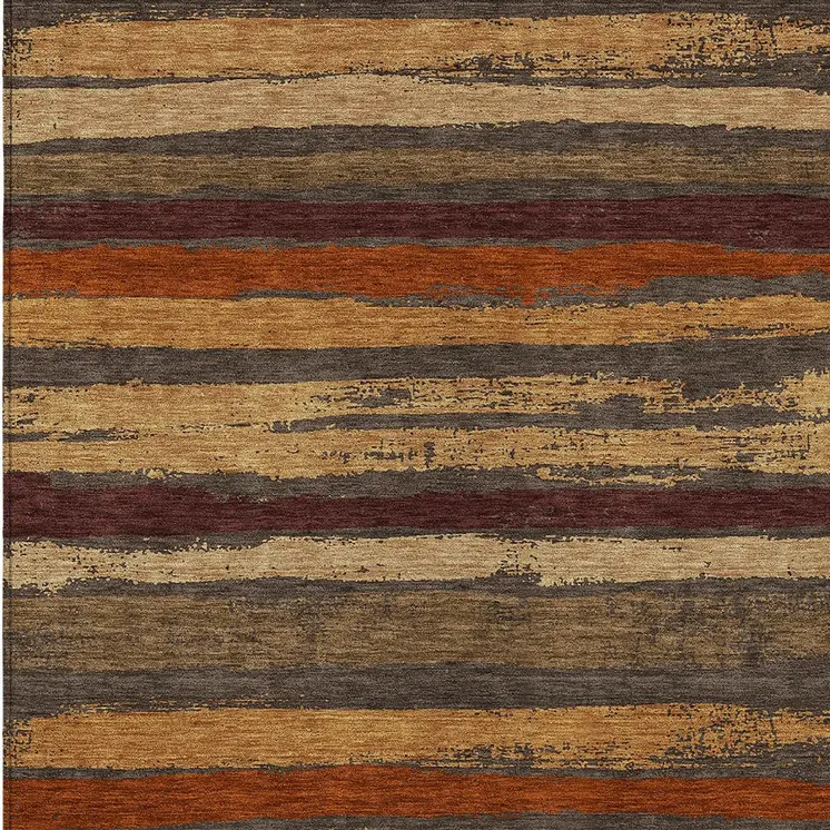 5' X 8' Chocolate Beige And Copper Striped Washable Indoor Outdoor Area Rug