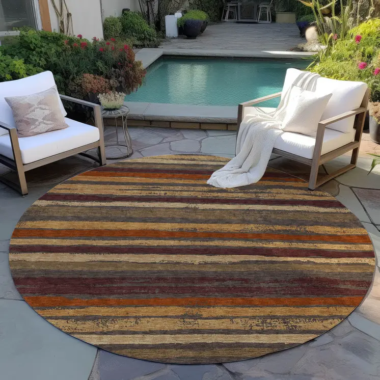 8' Chocolate Beige And Copper Round Striped Washable Indoor Outdoor Area Rug