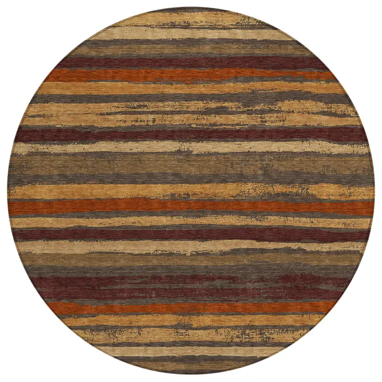8' Chocolate Beige And Copper Round Striped Washable Indoor Outdoor Area Rug